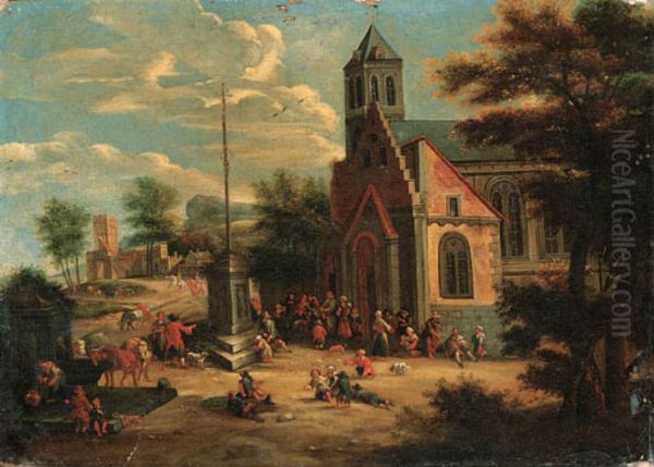 Villagers outside a Church, a landscape with a manor house beyond - view 1