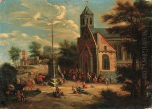 Villagers outside a Church, a landscape with a manor house beyond