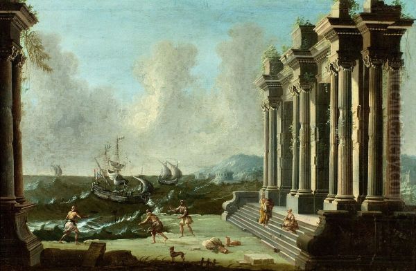 Capriccio with figures among classical ruins and ships beyond - view 1