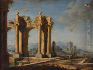 Capriccio of classical ruins, with a port and boats beyond Capriccio of classical ruins, with a port and boats beyond