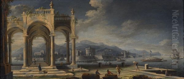 Capriccio of ancient ruins at a Mediterranean port with boats and bystanders - view 1