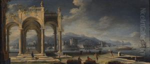 Capriccio of ancient ruins at a Mediterranean port with boats and bystanders Capriccio of ancient ruins at a Mediterranean port with boats and bystanders