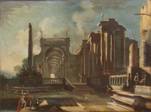 Architectural capriccio with figures and classical ruins by Vincenzo Greco