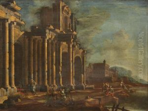 Architectural capriccio with figures and classical ruins on a river bank