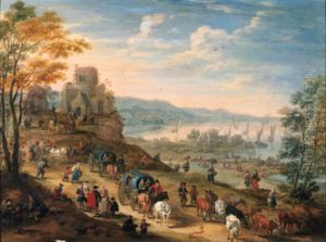 Coastal scene with drovers and their herds and travellers in horse-drawn carts on a path