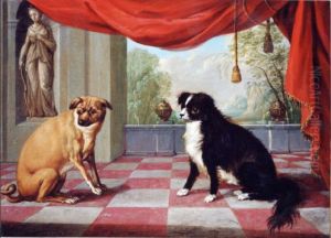 Two dogs seated on a terrace with a red curtain and a statue of Diana on a nich by Jan van, the Younger Kessel