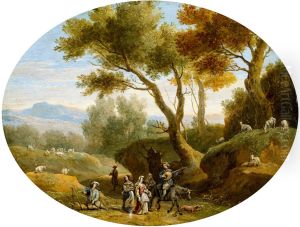 Landscape with shepherds and a party with a man on horseback playing a lute by Jan van den Hecke the Younger