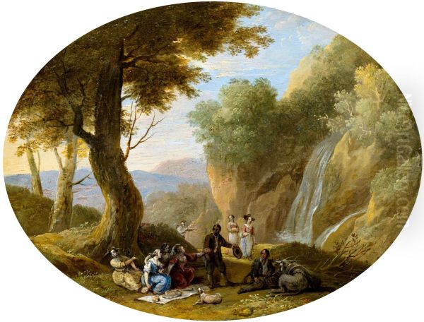Landscape with figures near a waterfall - view 1