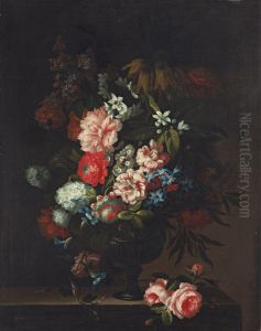 Tulips, carnations, chrysanthemums and other flowers in a glass vase, with roses on a stone ledge by Pieter Hardime