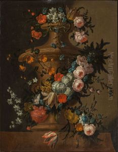 Garden vase surrounded by a garland of various flowers by Peter Frans Casteels