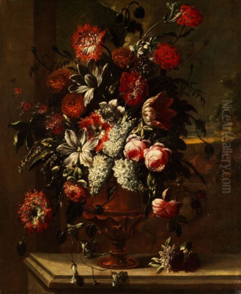 Flowers in an urn on a stone ledge - view 1