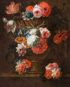 Flowers in a vase on a table by Peter Frans Casteels
