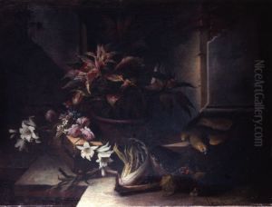 Still life with flowers and a parrot by Nicola van Houbraken