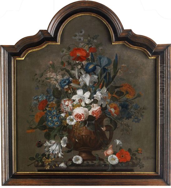 Still life of flowers in an urn on a pedestal - view 1