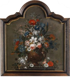 Still life of flowers in an urn on a pedestal