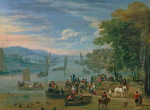 Town on an estuary with peasants in boats