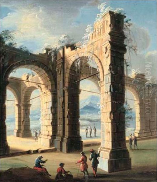 Figures by a pool of water surrounded by classical ruins - view 1