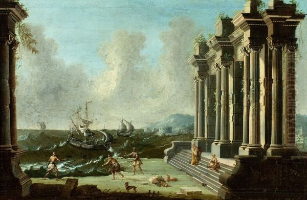 Figures Among Classical Ruins with Ships in Stormy Waters Beyond - view 1