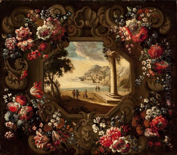 Sculptural Cartouche with Garland Parrot Tulips, Snowballs, Roses, Morning Glory, Carnations and Other Flowers Surrounding a Portrait of a Gentleman, considered to be a self-portrait of Abraham Brueghel - view 1