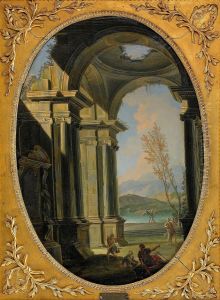 Antique temple ruin with figure scene by Gennaro Greco
