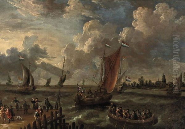 Shipping in an estuary with figures on a jetty and a town beyond - view 1