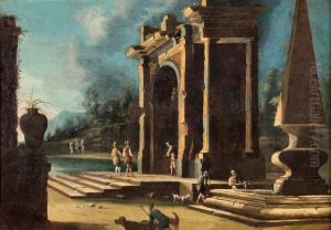 Paire de scenes de ports mediterraneens en ruines (2)