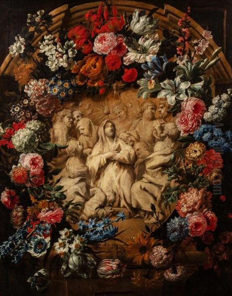 Trompe l'oeil with a marble bas relief representing the Pentecost with flowers - view 1