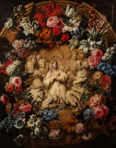 Trompe l'oeil with a marble bas relief representing the Pentecost with flowers by Nicola van Houbraken