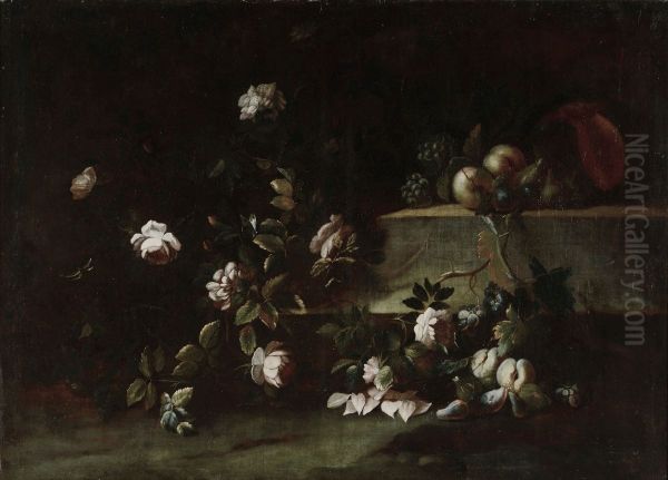 Still life with flowers and peaches - view 1