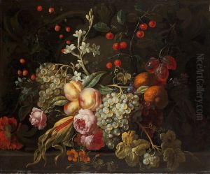 Quince, grapes, cherries and other fruit with roses on a stone ledge