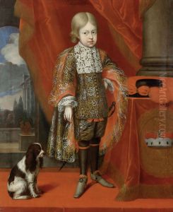 Kaiser Joseph I. (1678-1711) im Alter von sechs Jahren mit einem Hund, in ganzer Figur by Benjamin Block