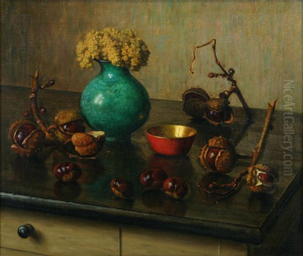 Still life with chestnuts, bowl and flowers in a vase. - view 1