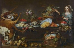 Grosses Stilleben mit einer Dame und Papagei by Frans Snyders