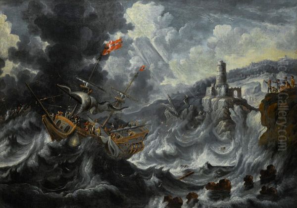 Coastal landscape with shipping in a tempestuous sea - view 1