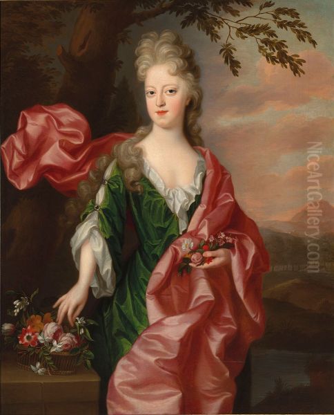 Portrait of Elizabeth Boys, three-quarter-length, in a green dress and red wrap - view 1