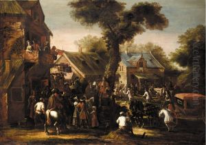 Crowded village scene with a messenger reading a proclamation Crowded village scene with a messenger reading a proclamation