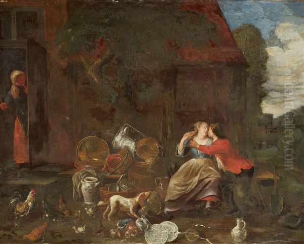 Young couple and an old woman by a cottage - view 1