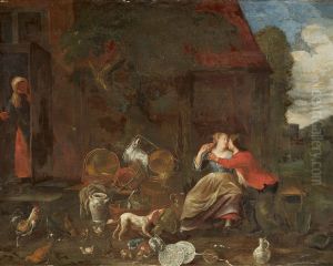 Young couple and an old woman by a cottage thumbnail