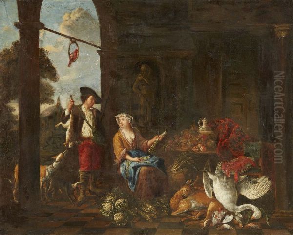 Hunter and maid by a palace - view 1