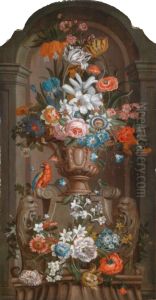 Magnificent still life and a vase of flowers and a parrot in a niche