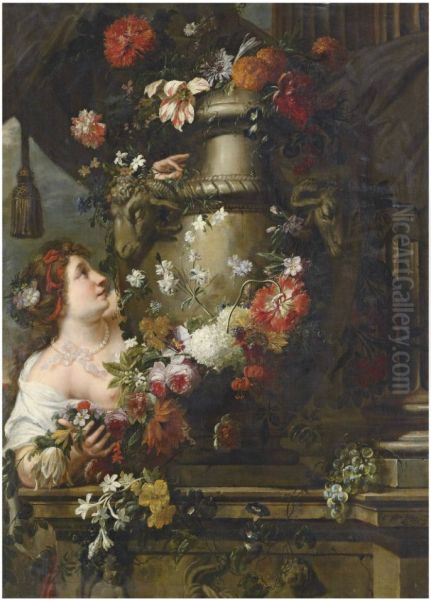 A lady adorning a sculpted urn with roses, lilies and other flowers, with a draped column and grapes on a stone ledge - view 1