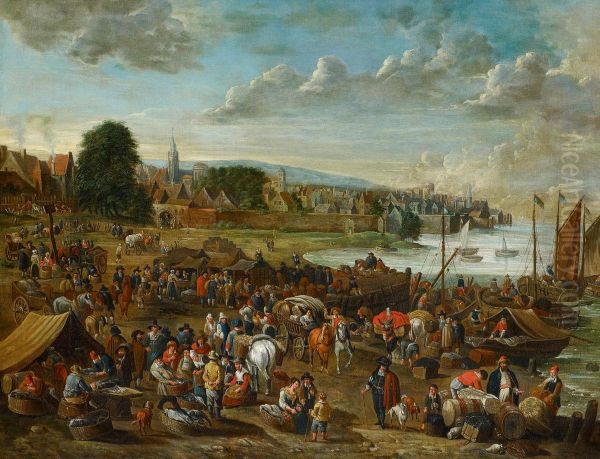 Market outside a town on a river - view 1