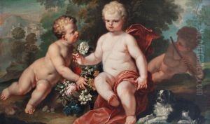 Cherubs and a spaniel before a landscape