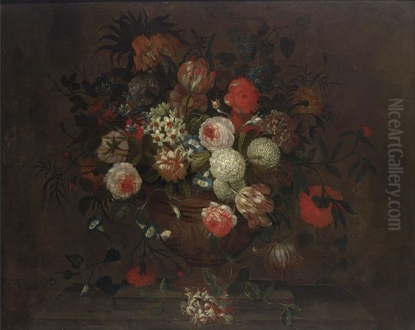 Still life with roses, daffodils and other flowers in a earthenware vase on a stone ledge together with a butterfly - view 1