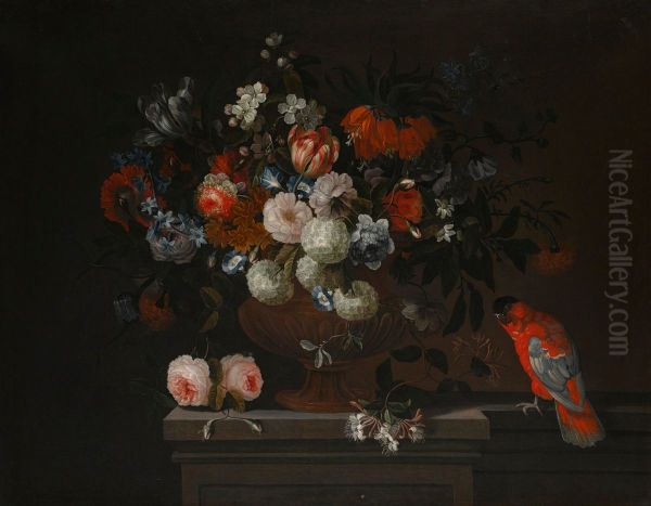 Still life of flowers with roses, tulips and snowballs in a bronze urn on a stone pedestal, together with a parrot - view 1