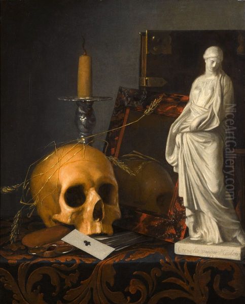 Vanitas still life with a skull, a guttering candle, a tortoiseshell mirror, a book, a statuette of saint Susanna, and a pack of cards - view 1
