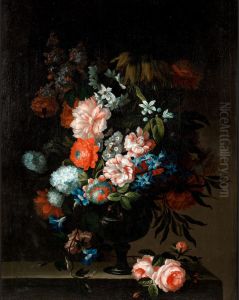 Tulips, carnations, chrysanthemums and other flowers in a glass vase with roses on a stone ledge by Pieter Hardime