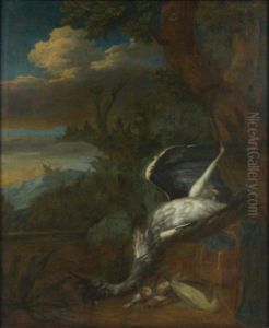 Hunting trophy with heron, woodpecker and sparrows