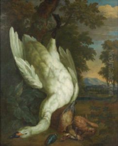 Hunting trophy with a white swan,jaysand a martin