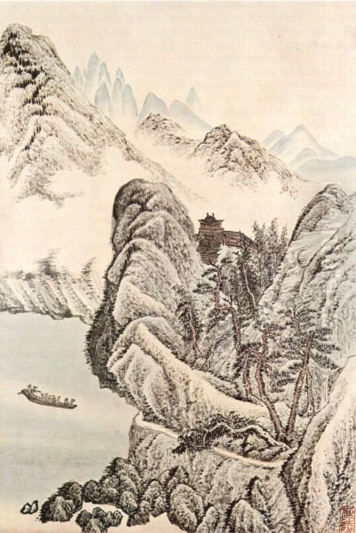 Bootsfahrt auf dem Fluss unterhalb eines buddhistischen Tempels - view 1